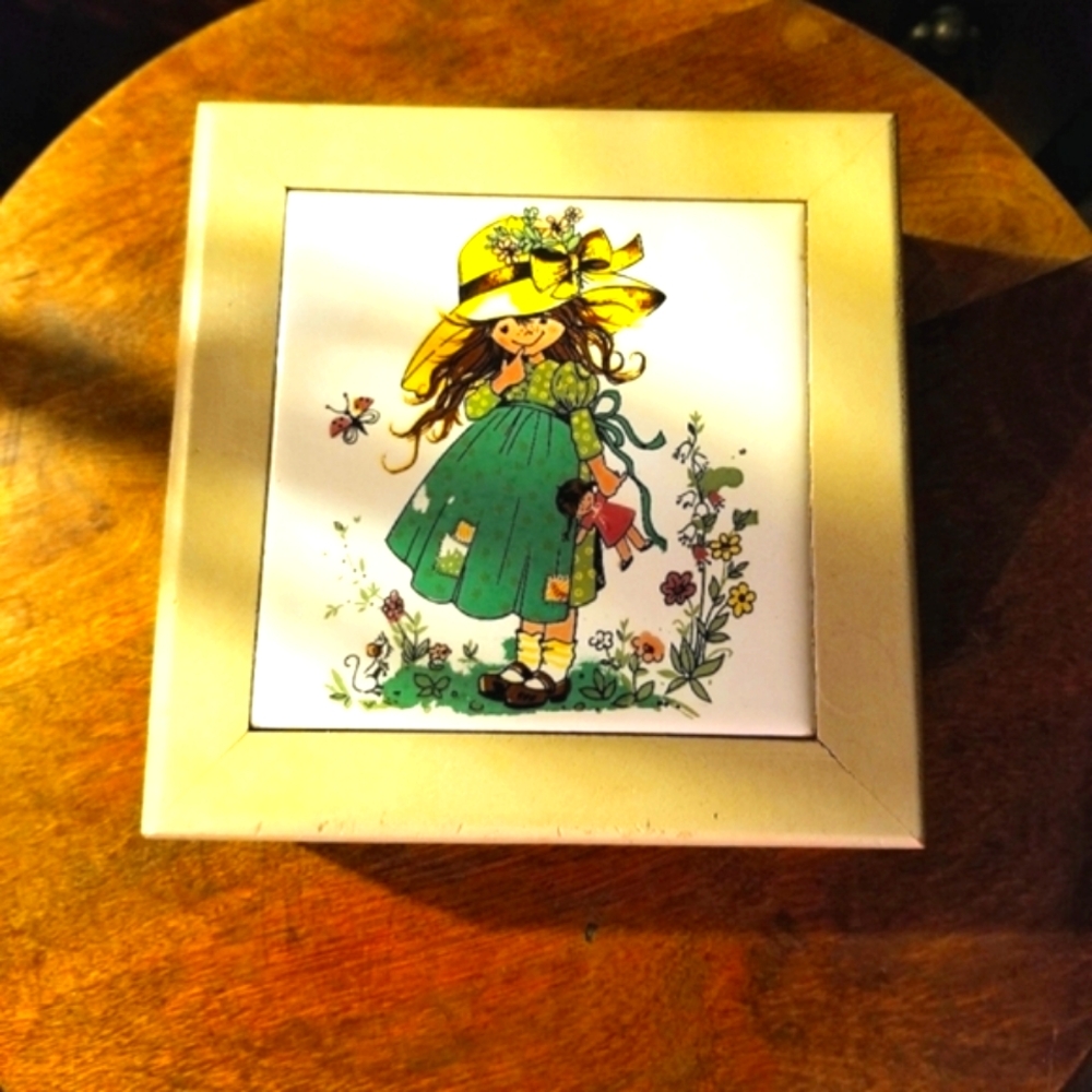 70s Yellow Wooden Tile Jewelry Box Flower Girl Vintage TLC
